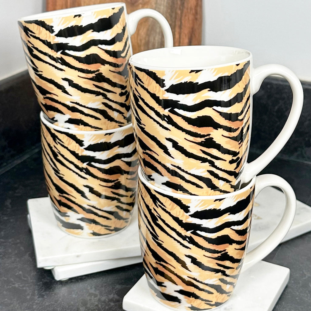 Set Of 4 Tiger Print 330ml Mugs