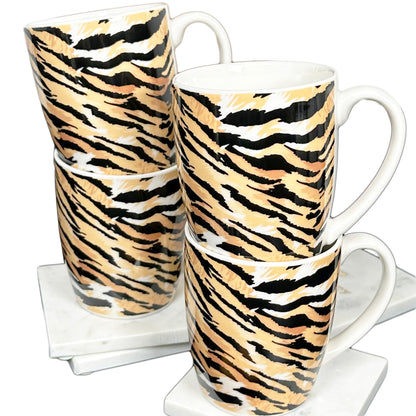 Set Of 4 Tiger Print 330ml Mugs