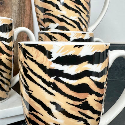 Set Of 4 Tiger Print 330ml Mugs