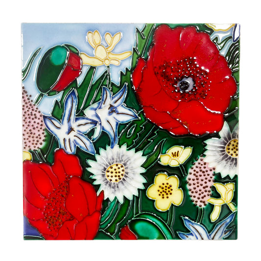 Red Poppy Garden Ceramic Tile Wall Art