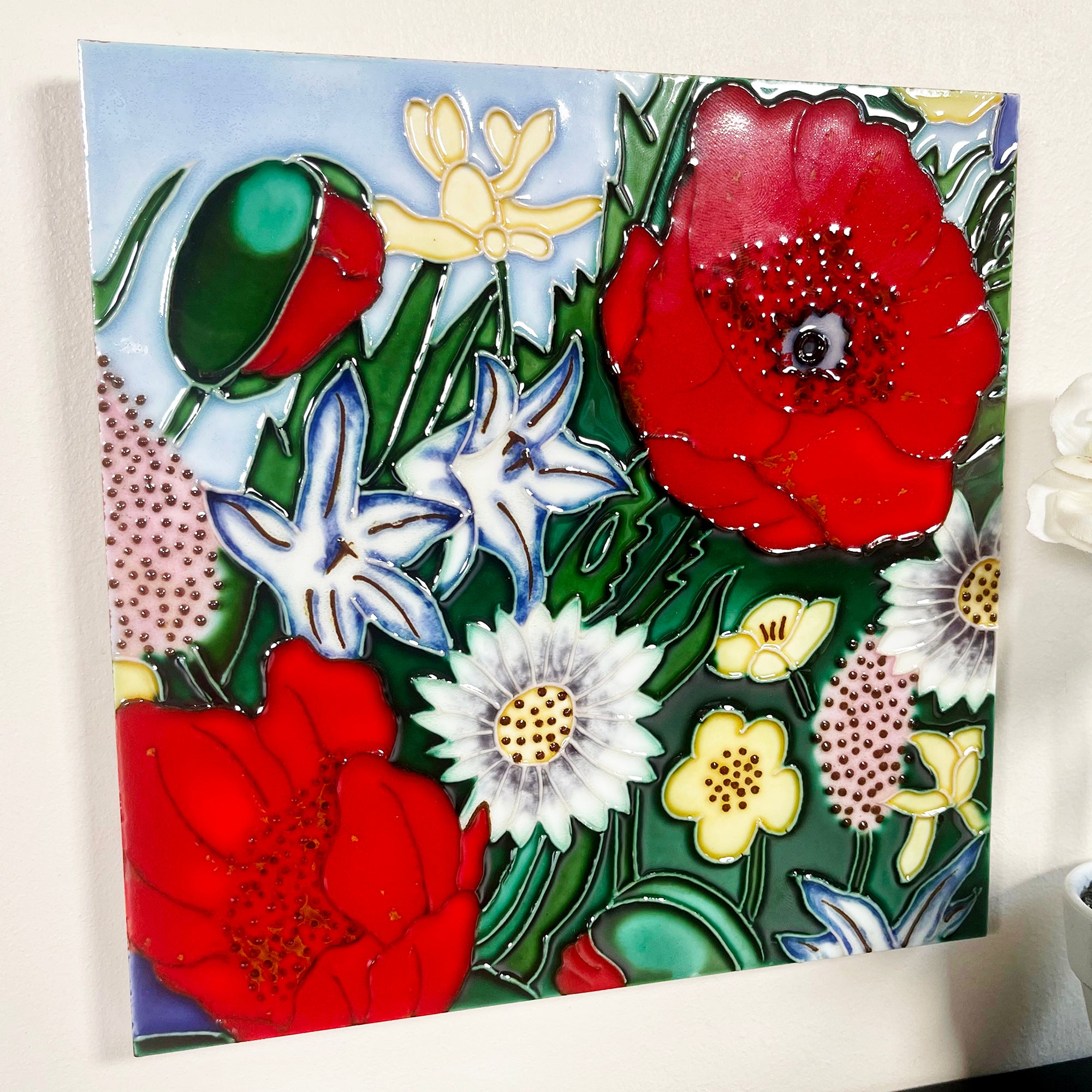 Red Poppy Garden Ceramic Tile Wall Art