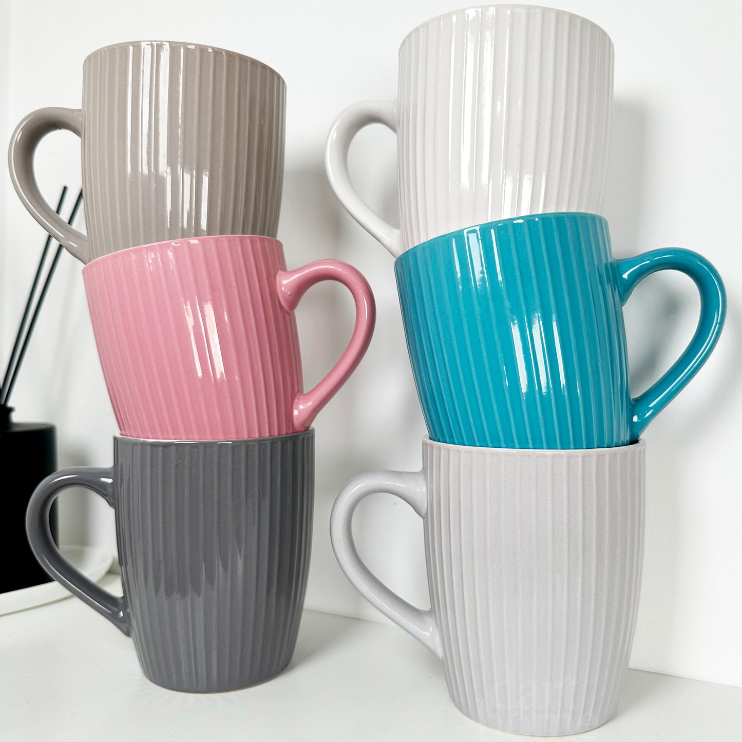 Set Of 6 Ribbed 370ml Mugs