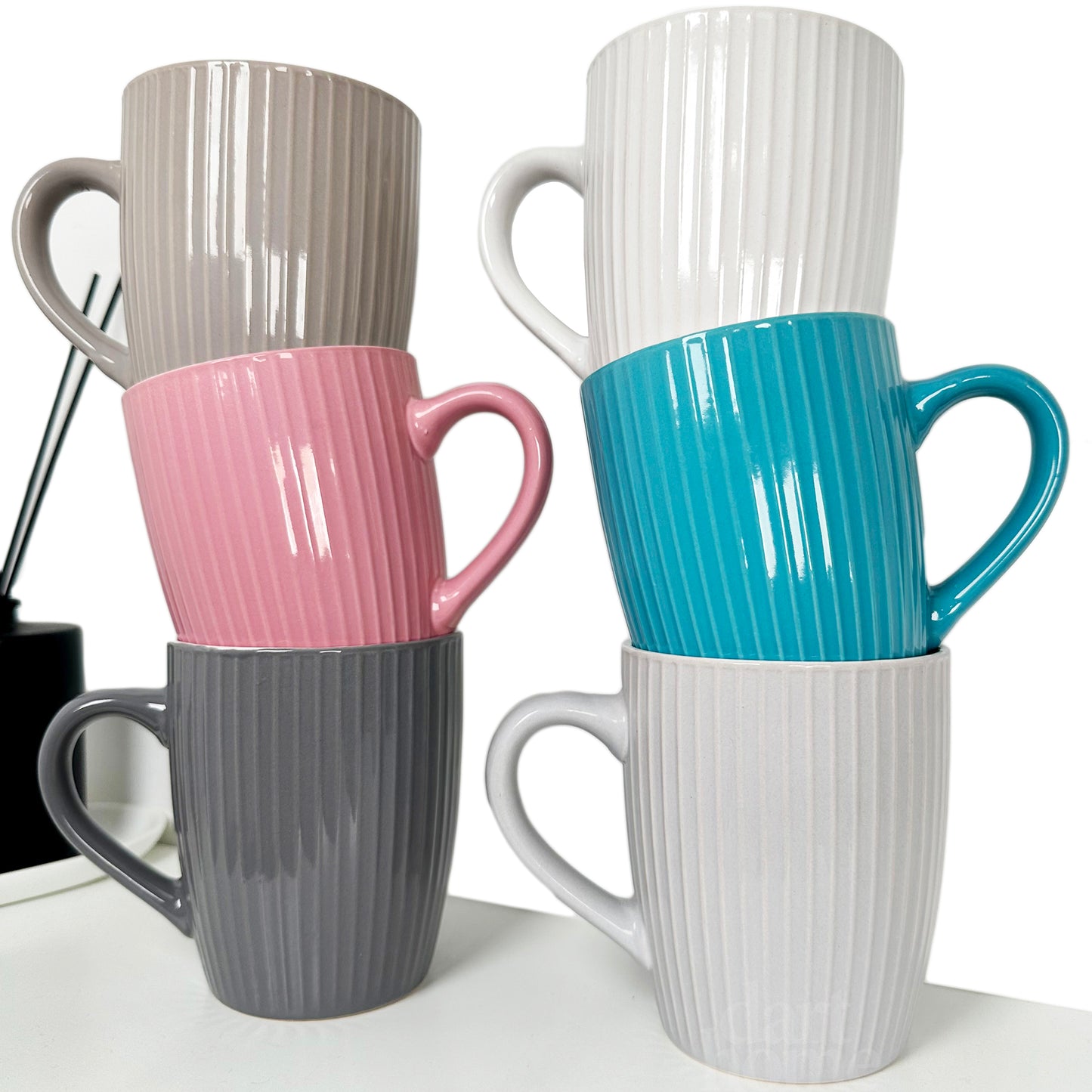 Set Of 6 Ribbed 370ml Mugs