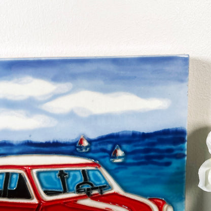 Red Car On Beach Ceramic Tile Wall Art