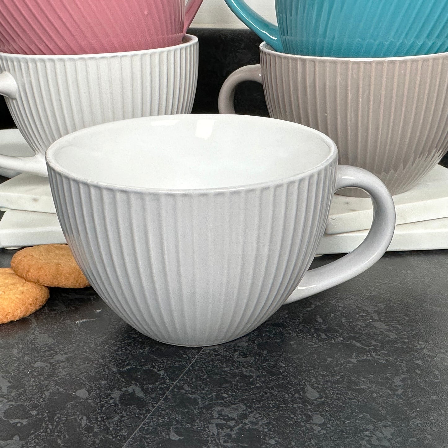 Set Of 6 Ribbed 460ml Cappucino Cups