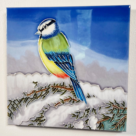 Winterliche Blaumeise-Keramikfliesen-Wandkunst