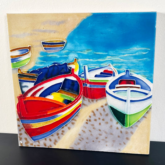 Striped Colourful Boats Ceramic Tile Wall Art