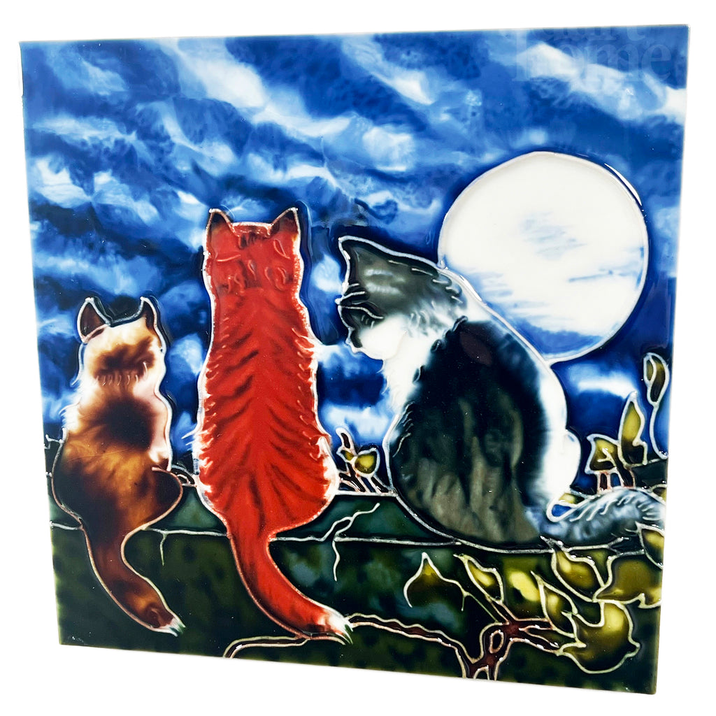 Ceramic Tile Wall Art - Whispering Cats At Night