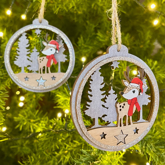 Round Wooden Reindeer Bauble Set Of 2