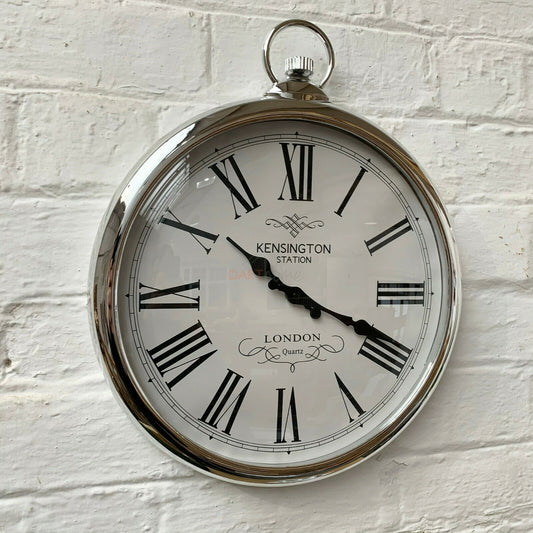 Silver Plastic Roman Numerals Wall Pocket Watch Clock 45cm