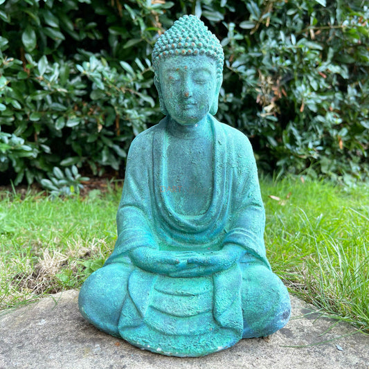 Grünspan-Sitzende Thai-Buddha-Gartenstatue im antiken Stil, 25 cm 