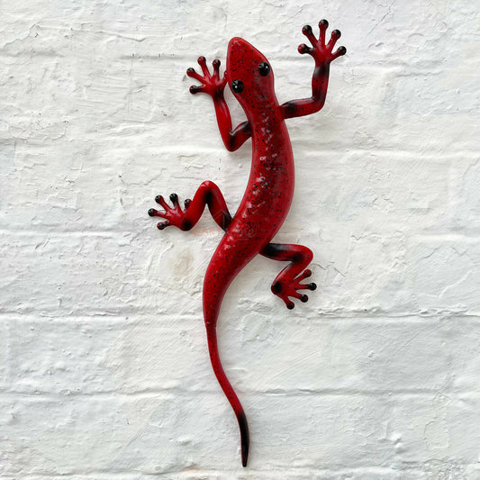 Red Metal Climbing Gecko Wall Art Statue